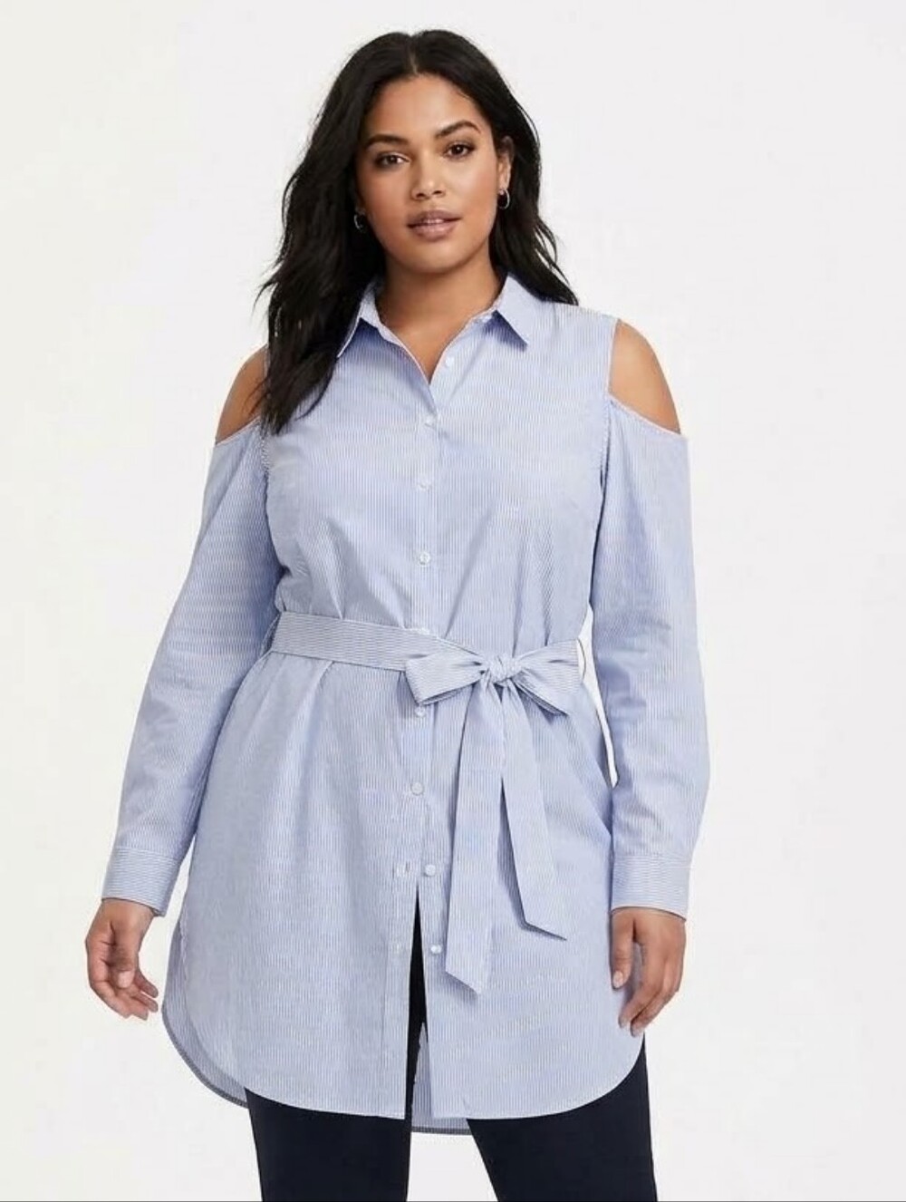 Cold-Shoulder Button-Down Tunic Shirt - Light Blue